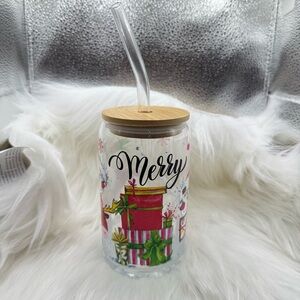 Christmas Theme Merry Glass Cup 16 oz
